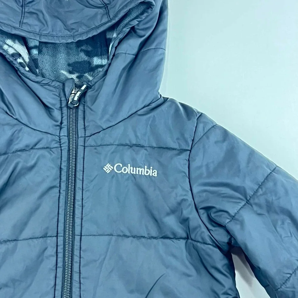 GUC Columbia Kids Reversible Puffer Hooded Fleece Jacket Boy Camo Black Size XXS